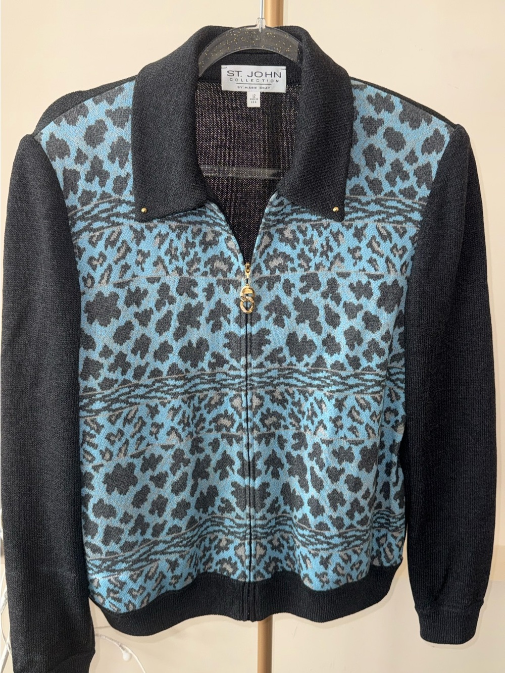 St. John Black Knit Zip Cardigan with Gold Trim